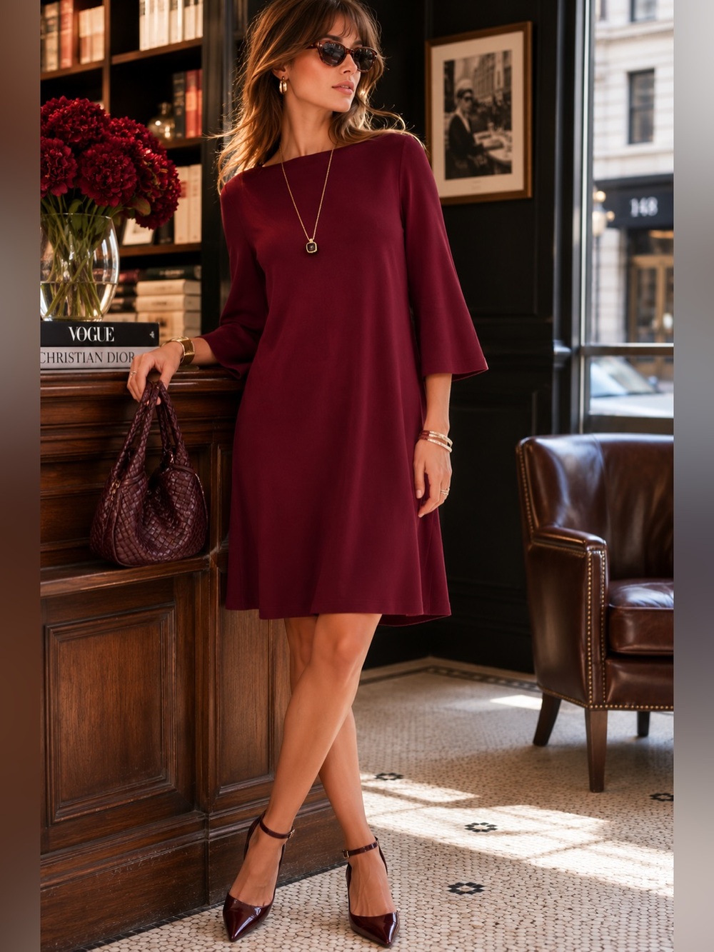 Lafayette 148 New York burgundy knit a line dress size M